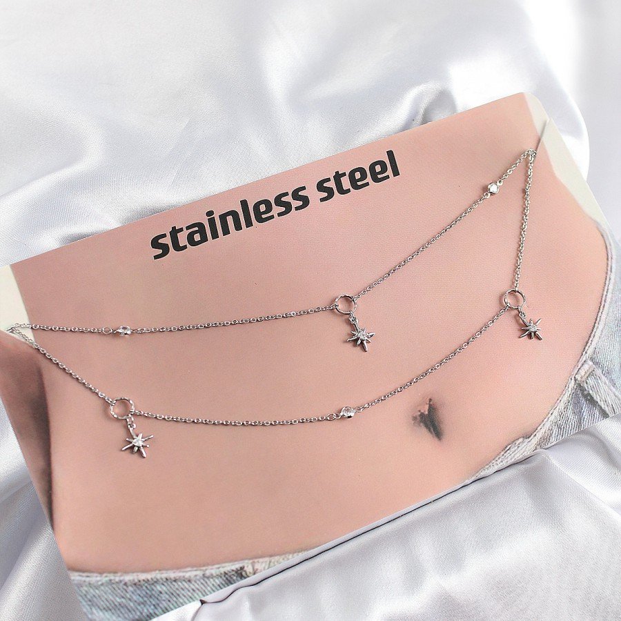 316L Steel Zircon Stone Pole Star Model Silver Color Belly Waist Chain