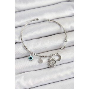 Brass Zircon Stone Sun Moon And Evil Eye Model Silver Color Charm Bracelet