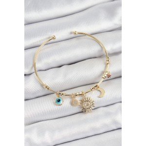 Brass Zircon Stone Sun Moon Evil Eye Model Gold Color Charm Bracelet