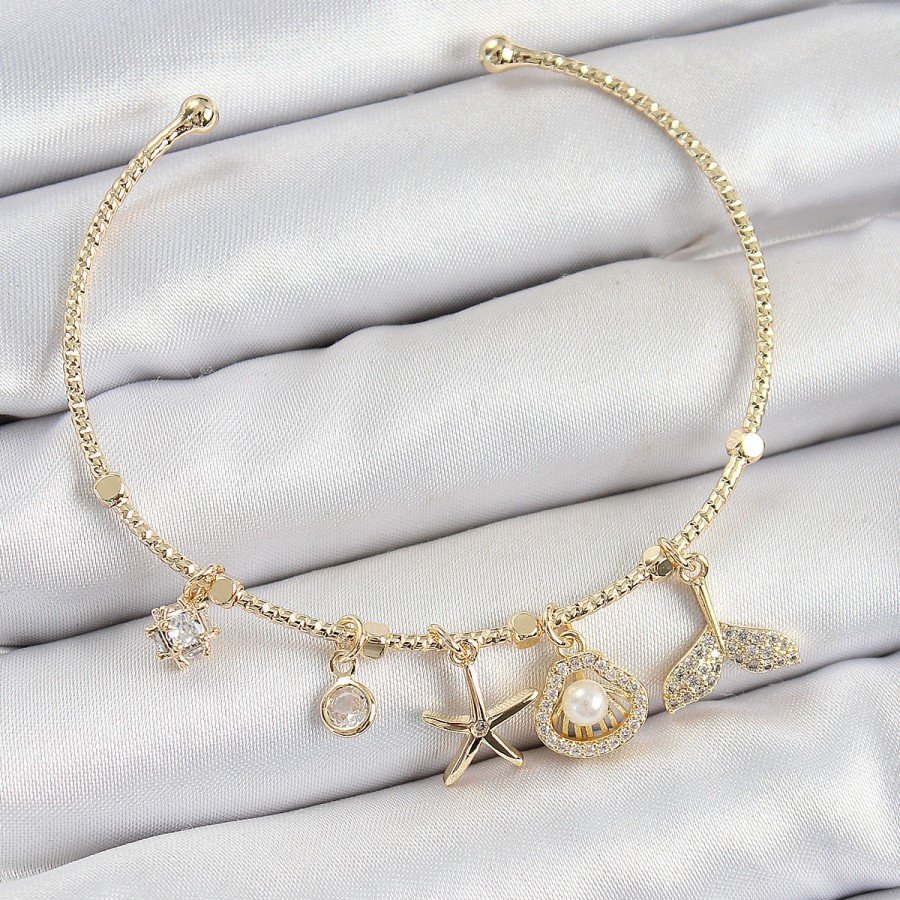 Brass Zircon Stone Oyster and Starfish Model Gold Color Charm Bracelet