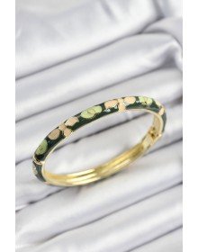 Enameled Brass Cream and Green Flower Motif Gold Color Women's Handcuffs