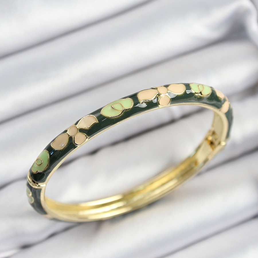 Enameled Brass Cream and Green Flower Motif Gold Color Women s Handcuffs Enameled Brass Cream and Green Flower Motif Gold Color Women s Handcuffs