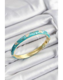 Gold Color Women's Handcuffs with Enameled Brass Cream and Turquoise Leaf Motif