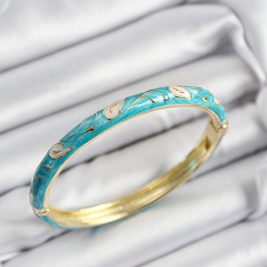 Gold Color Women s Handcuffs with Enameled Brass Cream and Turquoise Leaf Motif