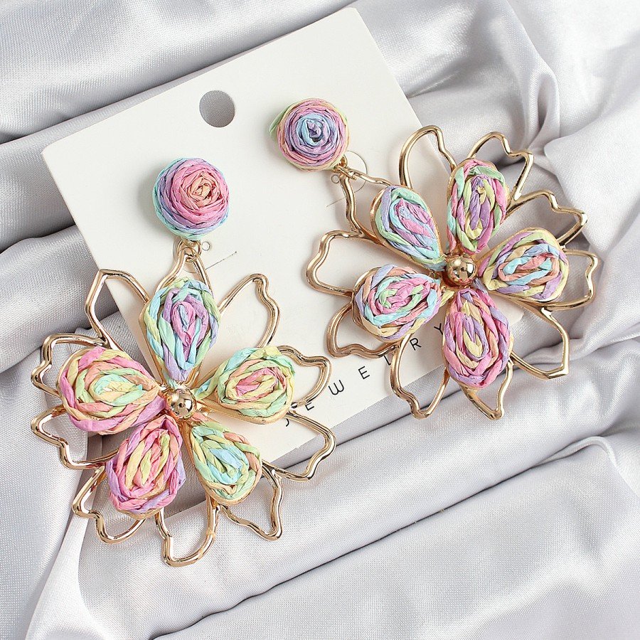 Brass Rainbow Flower Model Gold Color Women s Wicker Earrings