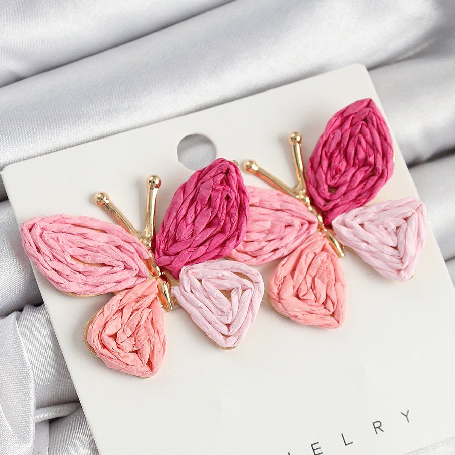 Brass Pink Butterfly Model Gold Color Women s Wicker Earrings