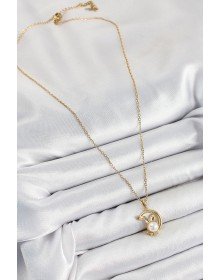 316L Steel Pearl Detailed Crescent Rabbit Model Gold Color Women's Necklace