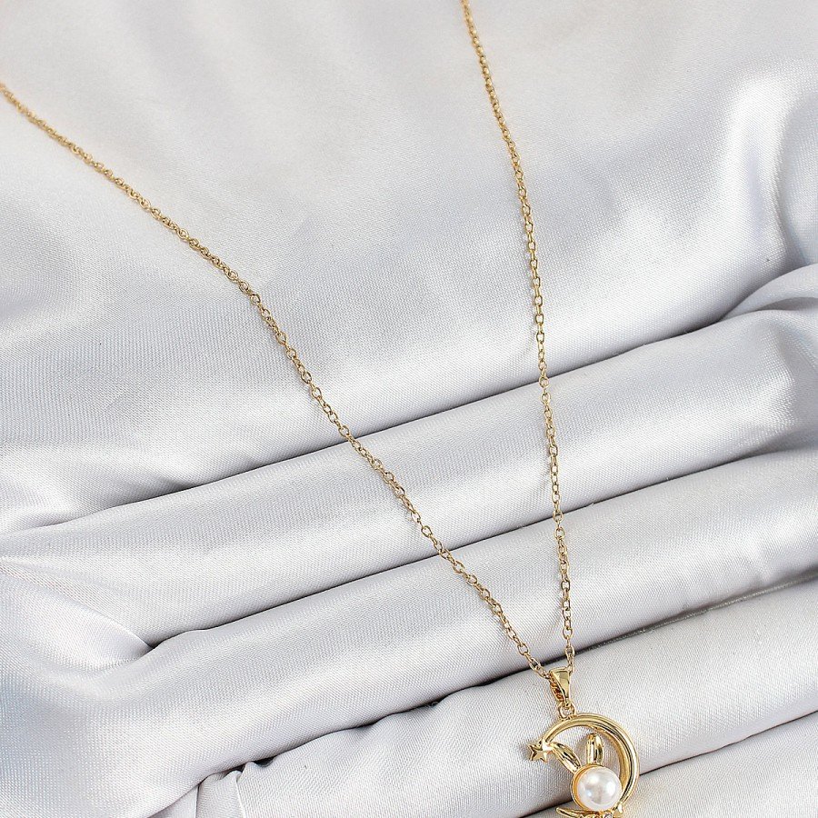 316L Steel Pearl Detailed Crescent Rabbit Model Gold Color Women s Necklace