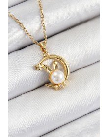 316L Steel Pearl Detailed Crescent Rabbit Model Gold Color Women's Necklace