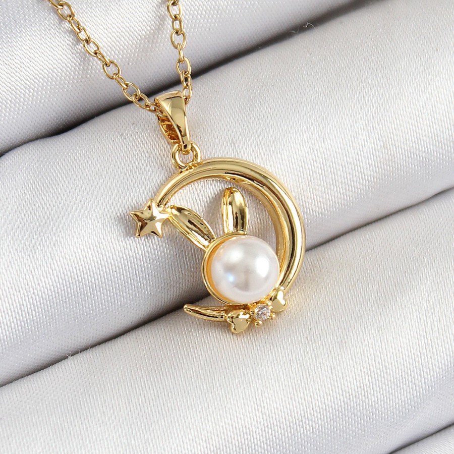 316L Steel Pearl Detailed Crescent Rabbit Model Gold Color Women s Necklace
