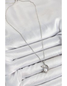 316L Steel Pearl Detailed Crescent Rabbit Model Silver Color Women's Necklace
