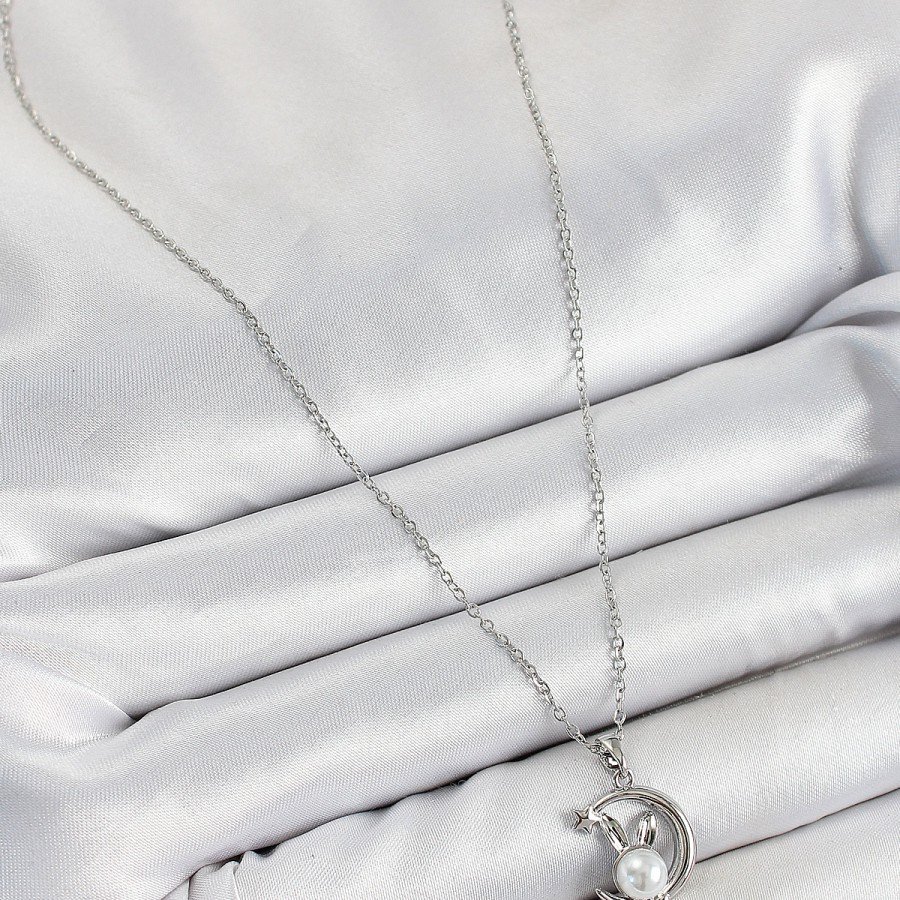 316L Steel Pearl Detailed Crescent Rabbit Model Silver Color Women s Necklace
