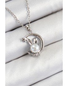 316L Steel Pearl Detailed Crescent Rabbit Model Silver Color Women's Necklace