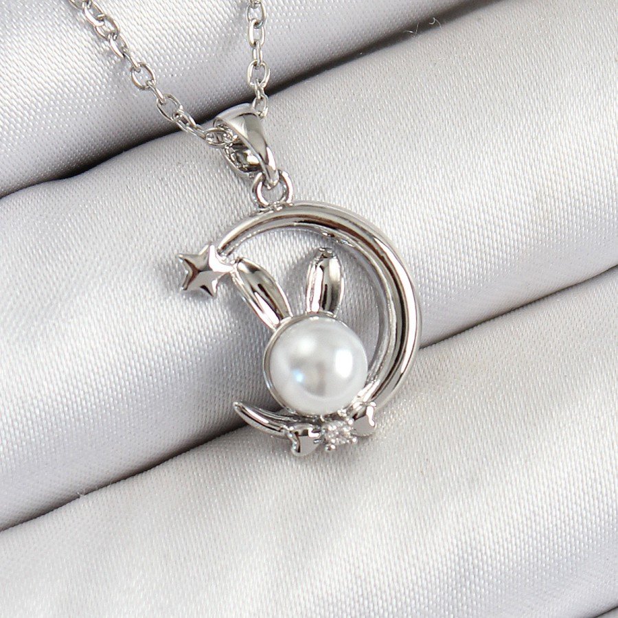316L Steel Pearl Detailed Crescent Rabbit Model Silver Color Women s Necklace