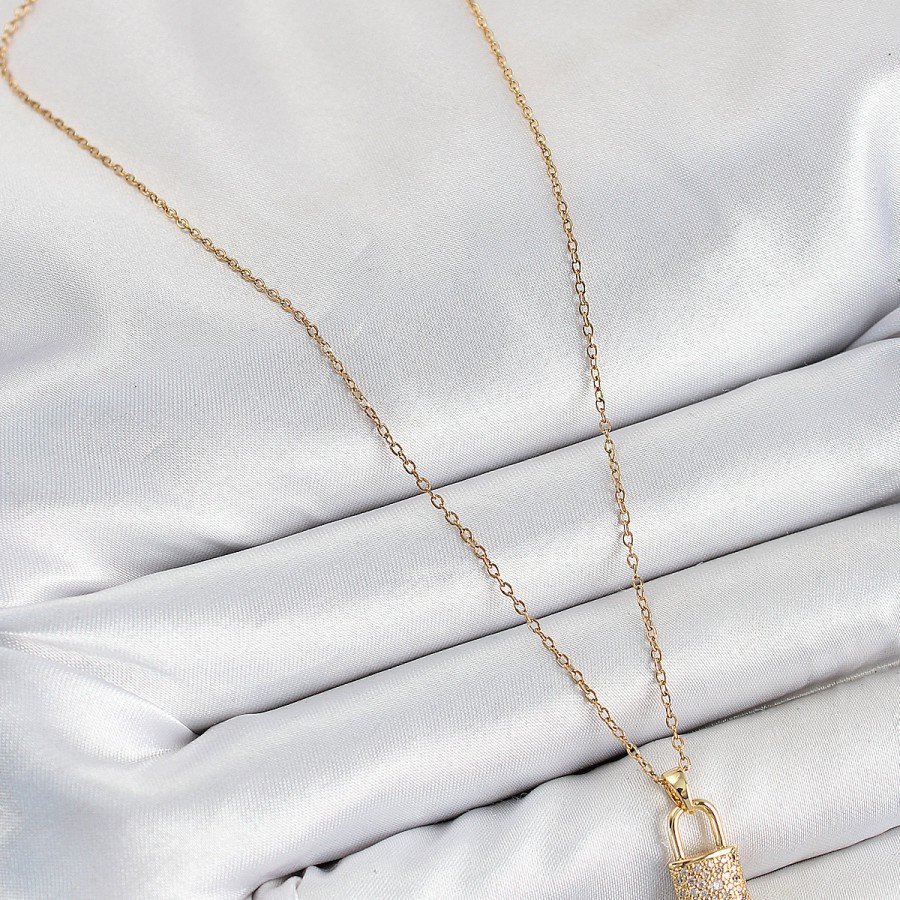 316L Steel Zircon Stone Lock and Shackle Key Model Gold Color Women s Necklace