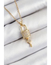 316L Steel Zircon Stone Lock and Shackle Key Model Gold Color Women's Necklace