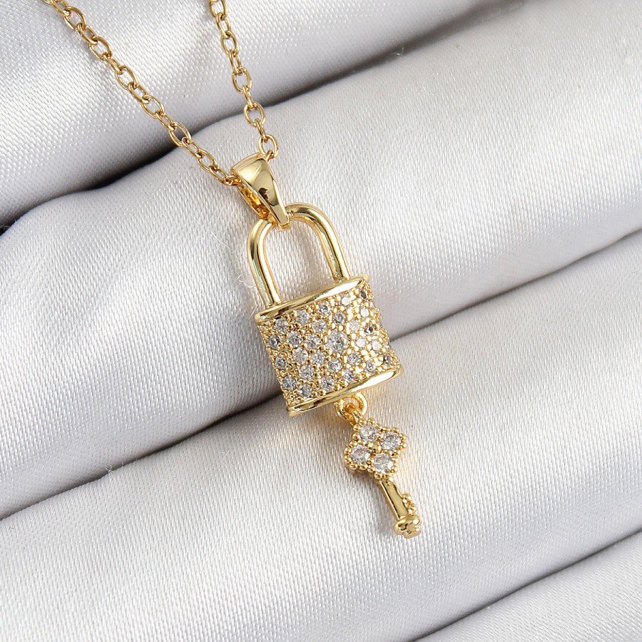 316L Steel Zircon Stone Lock and Shackle Key Model Gold Color Women s Necklace