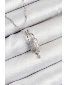 316L Steel Zircon Stone Lock and Shackle Key Model Silver Color Women's Necklace