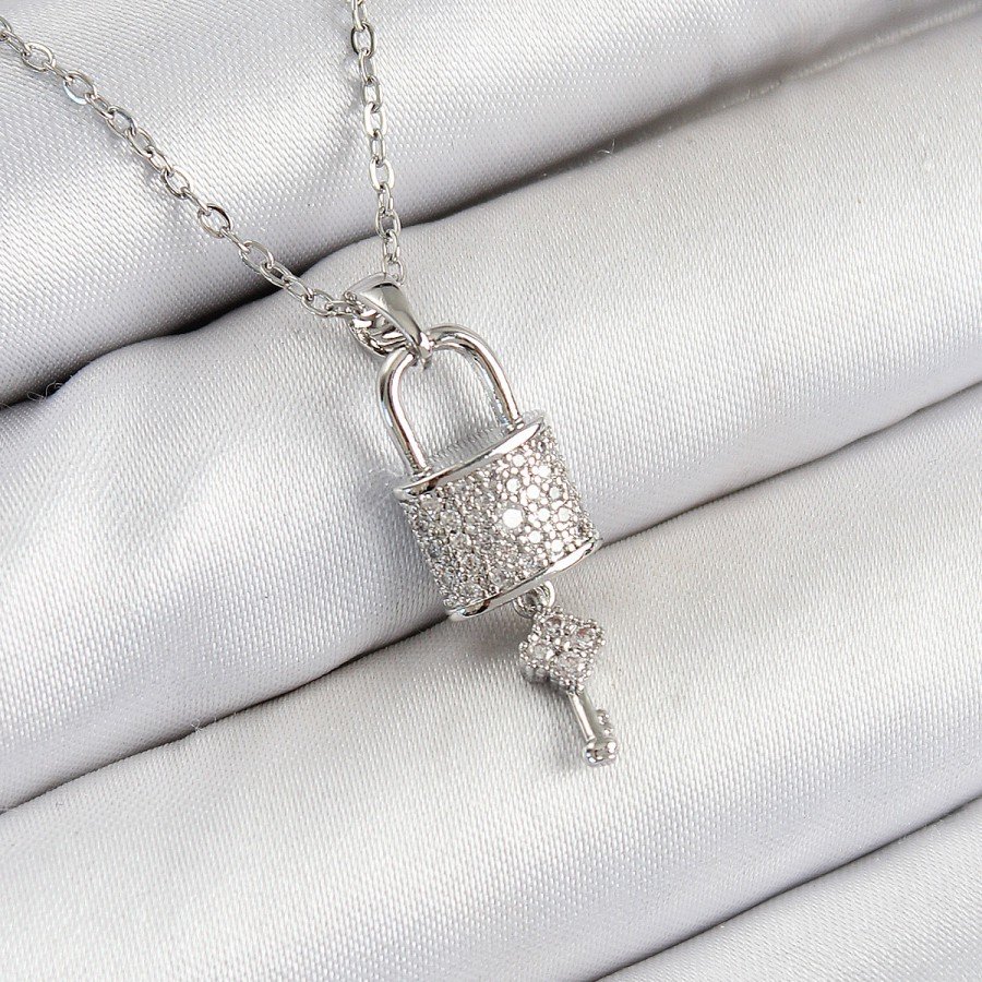 316L Steel Zircon Stone Lock and Shackle Key Model Silver Color Women s Necklace