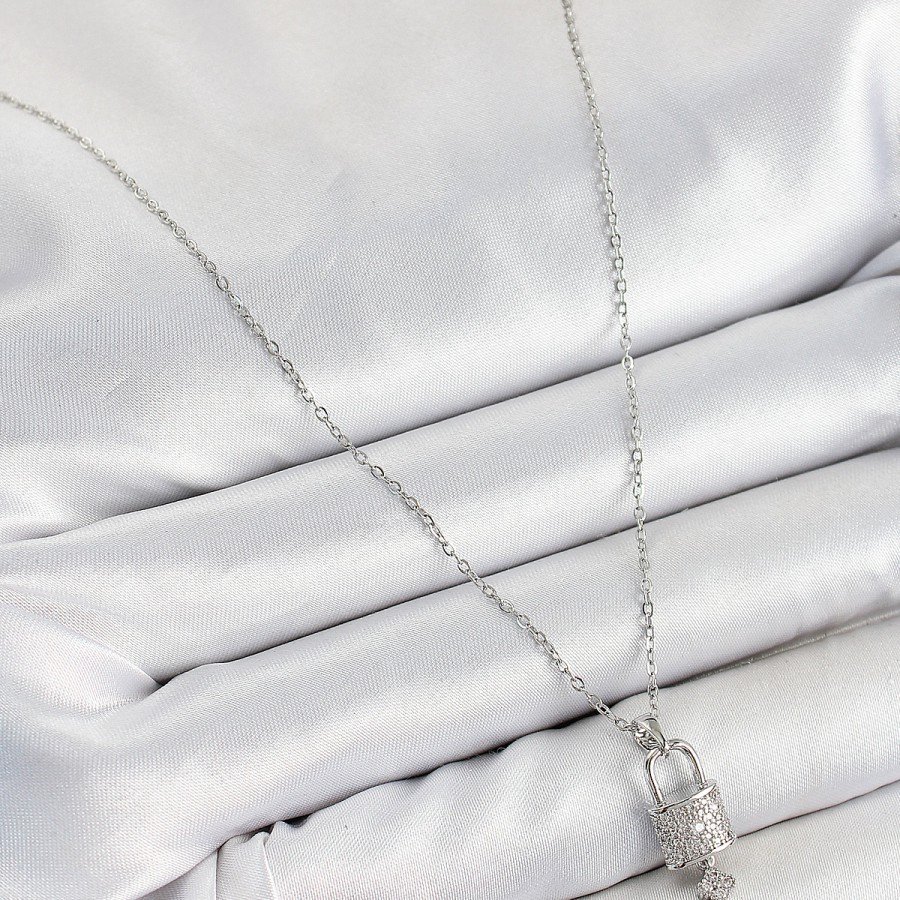 316L Steel Zircon Stone Lock and Shackle Key Model Silver Color Women s Necklace