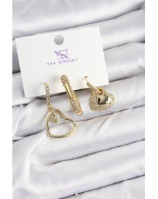 Brass Zircon Stone Heart Model Gold Color 3-Piece Women's Earrings