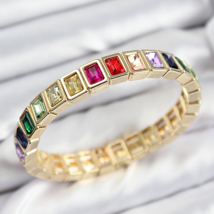 Brass Mixed Zircon Stone Rectangular Model Gold Color Elastic Women s Bracelet Brass Mixed Zircon Stone Rectangular Model Gold Color Elastic Women s Bracelet