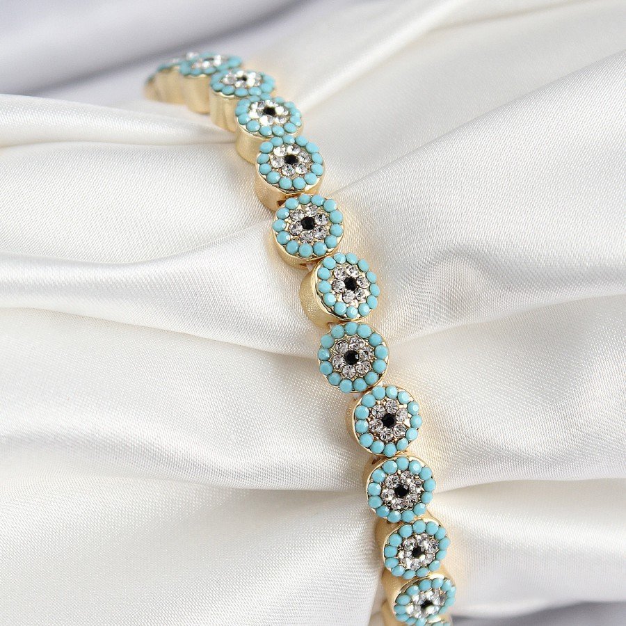 Brass Zircon Stone Turquoise Evil Eye Model Gold Color Elastic Women s Bracelet