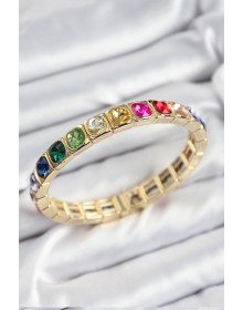 Brass Mixed Zircon Stone Square Model Gold Color Elastic Women's Bracelet