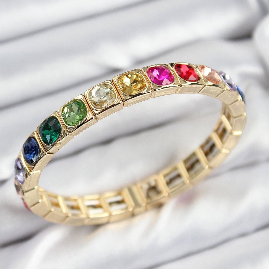 Brass Mixed Zircon Stone Square Model Gold Color Elastic Women s Bracelet