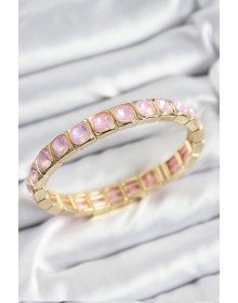 Brass Pink Zircon Stone Square Model Gold Color Elastic Women's Bracelet