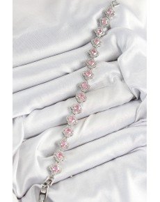 Brass Zircon Stone Pink Clover Baguette Model Silver Color VIP Series Women's Bracelet