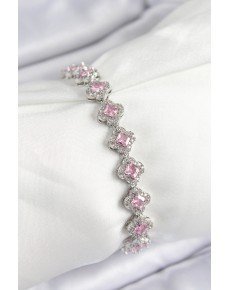 Brass Zircon Stone Pink Clover Baguette Model Silver Color VIP Series Women's Bracelet