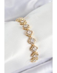Brass Zircon Stone Clover Baguette Model Gold Color VIP Series Women's Bracelet