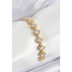 Brass Zircon Stone Clover Baguette Model Gold Color VIP Series Women's Bracelet