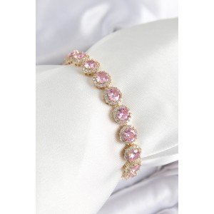 Brass Pink Zircon Stone Circle Baguette Model Gold Color VIP Series Women's Bracelet