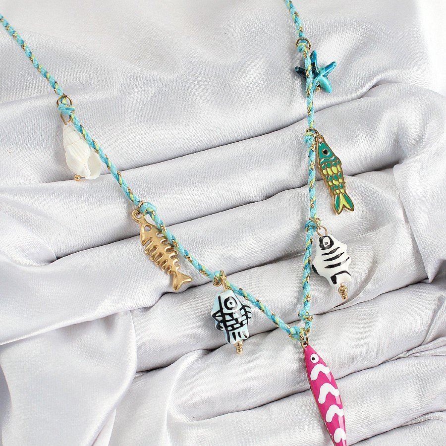 Pink Fish Figure Model Blue Thread Women s Necklace with Ceramic Motif Pink Fish Figure Model Blue Thread Women s Necklace with Ceramic Motif