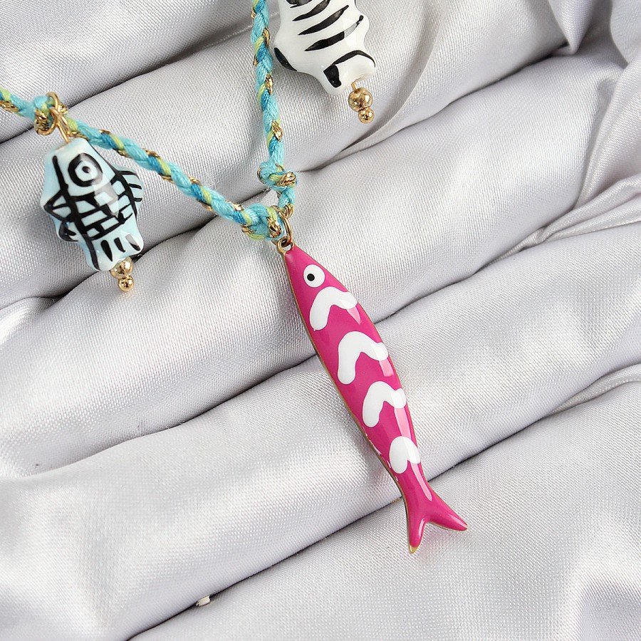Pink Fish Figure Model Blue Thread Women s Necklace with Ceramic Motif Pink Fish Figure Model Blue Thread Women s Necklace with Ceramic Motif