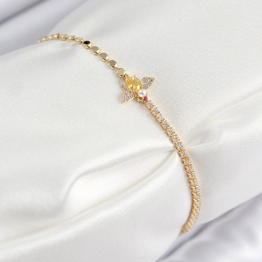 Brass Zircon Stone Bee Model Crushed Chain Gold Color Women s Bracelet