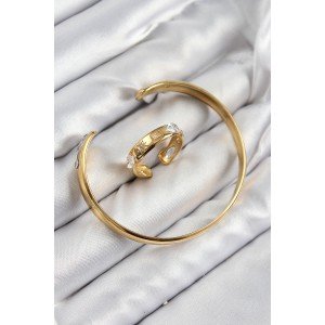 Brass Zircon Stone Split Model Gold Color Bracelet Ring Set