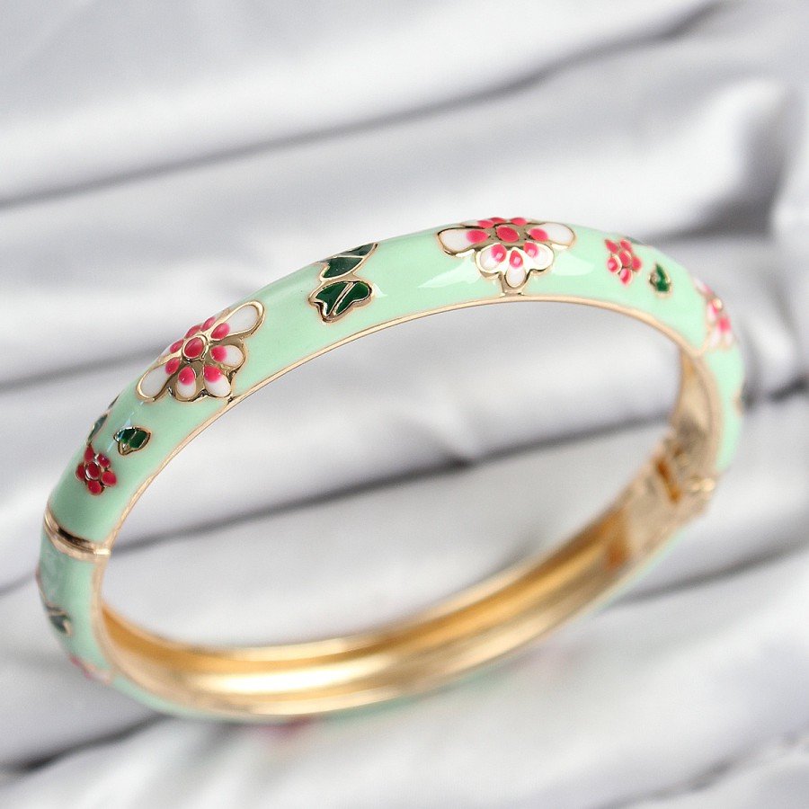Enameled Brass Water Green Flower Motif Gold Women s Handcuffs