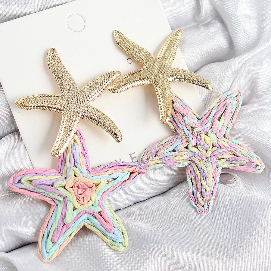 Brass Hanging Rainbow Starfish Model Gold Color Wicker Earrings
