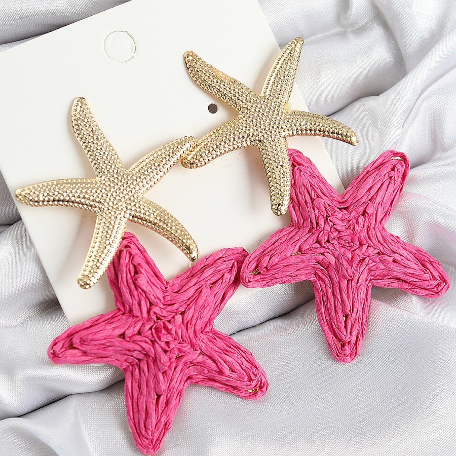 Brass Pendant Pink Starfish Model Gold Color Wicker Earrings Brass Pendant Pink Starfish Model Gold Color Wicker Earrings
