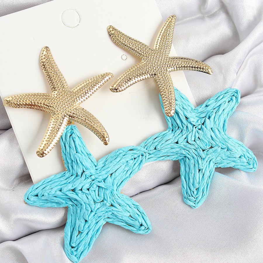Brass Hanging Turquoise Starfish Model Gold Color Wicker Earrings