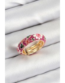 Brass Fuchsia Enameled Flower Motif Gold Color Adjustable Women's Ring