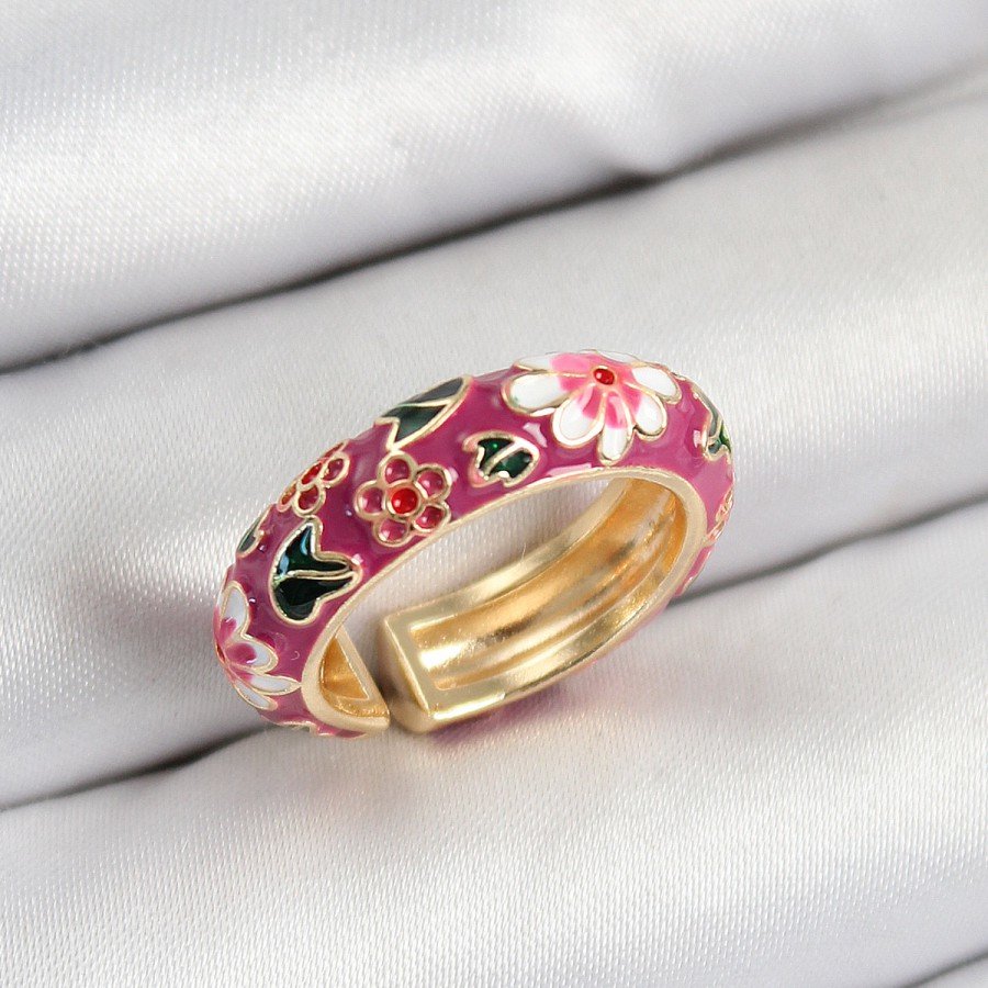 Brass Fuchsia Enameled Flower Motif Gold Color Adjustable Women s Ring