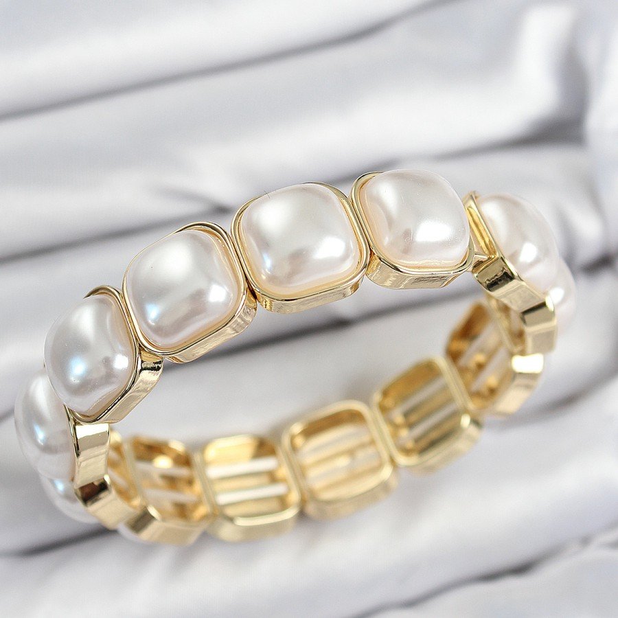 Brass Square Pearl Model Gold Color Elastic Women s Bracelet