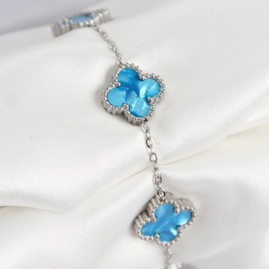 316L Steel Pearlescent Sky Blue Silver Color Clover Women s Bracelet