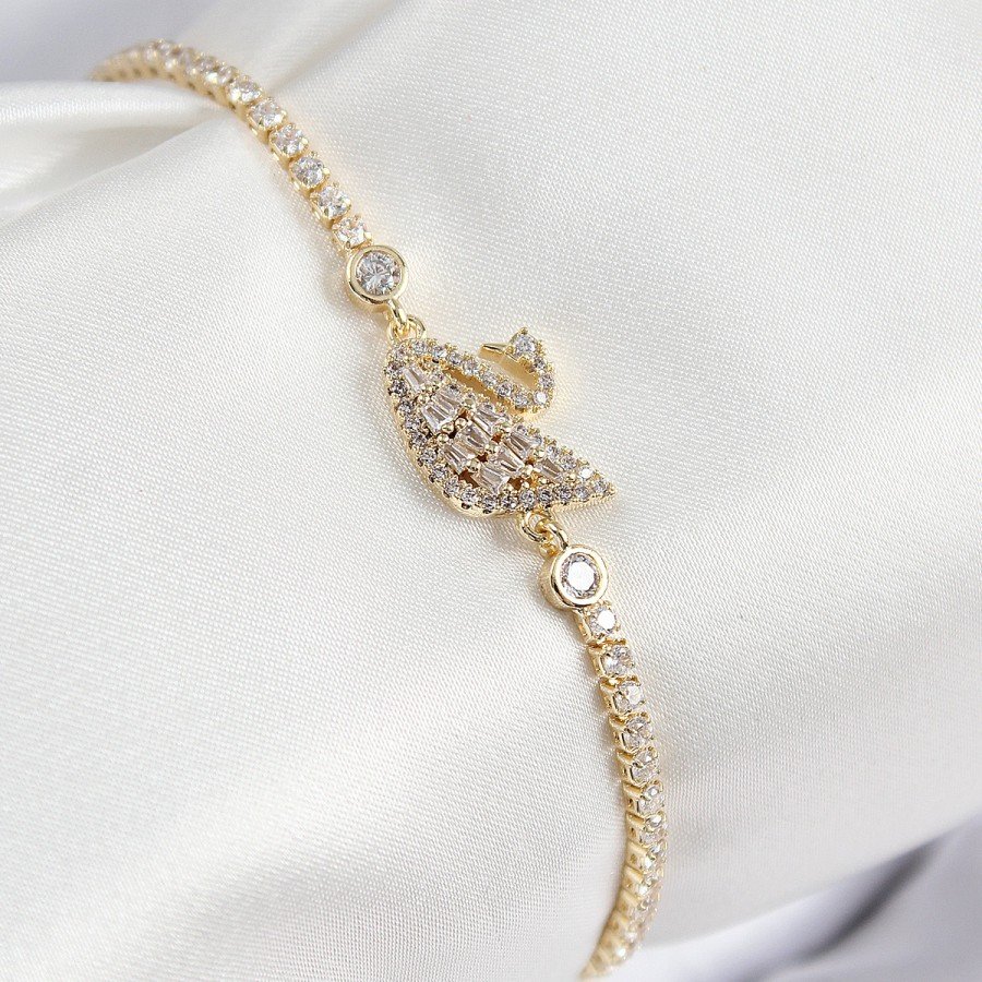 Brass Zircon Stone Swan Model Gold Color Women s Bracelet