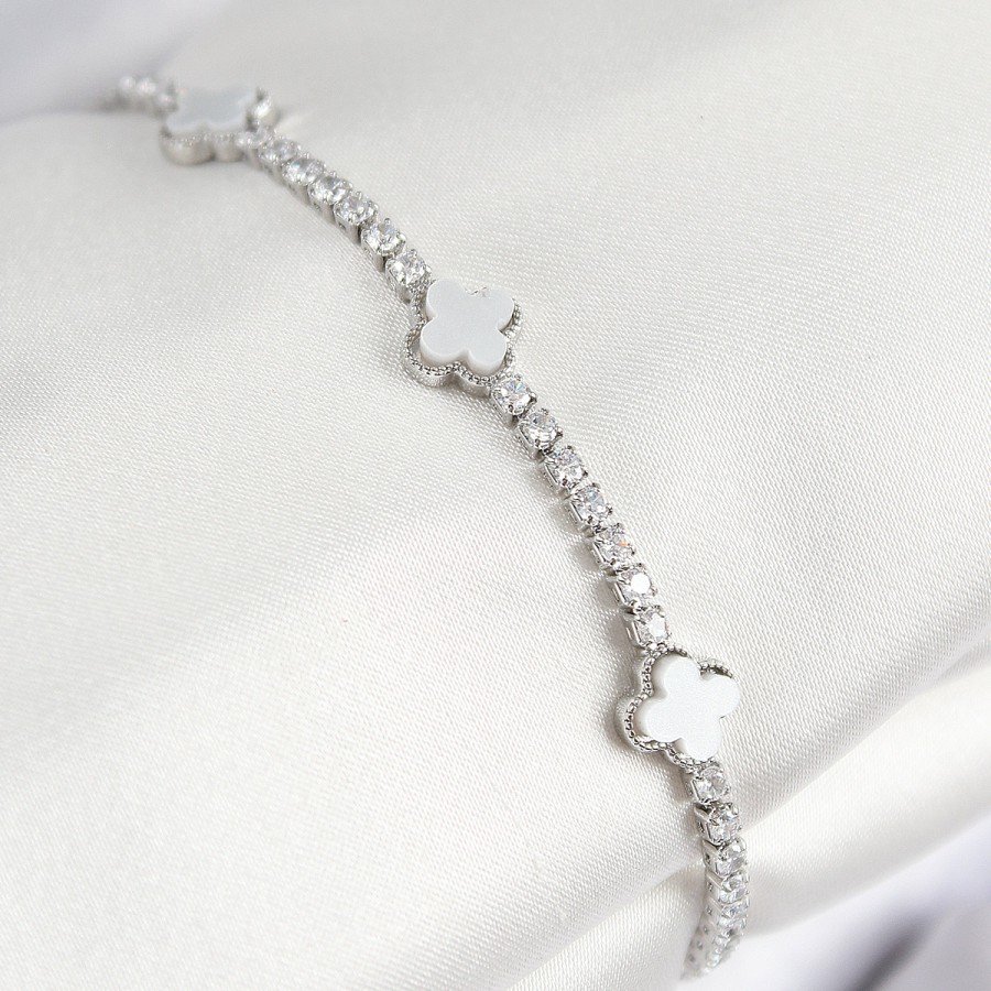 Brass Zircon Stone Clover Model Silver Color Women s Bracelet