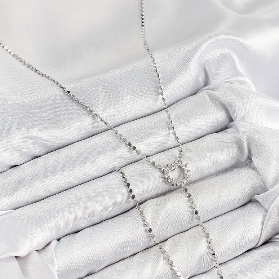 Brass Zircon Stone Crushed Chain Heart Model Silver Color Y Necklace Brass Zircon Stone Crushed Chain Heart Model Silver Color Y Necklace